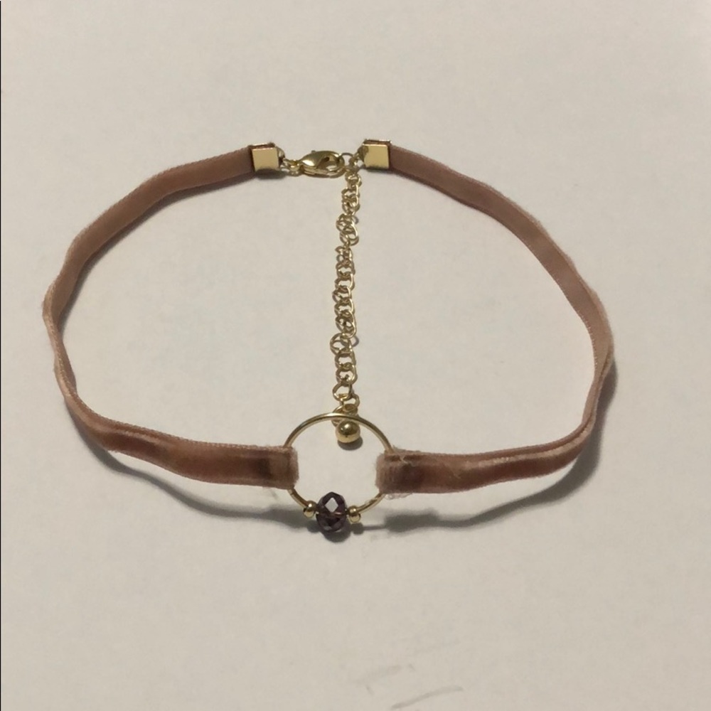 Rose Velvet Choker With Gold Ring And Purple Bead